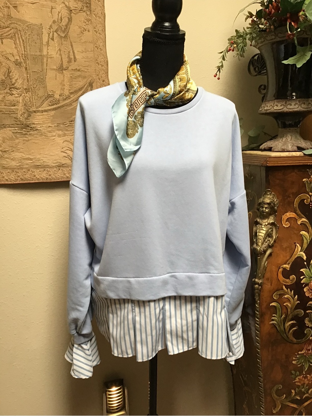 Maeve Light Blue Layered Sweatshirt with Striped Shirttail